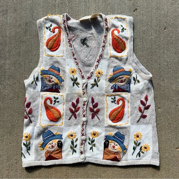 Vintage Sweaters - Vintage Fall Scarecrow Squash Pumpkin Knit Sweater Vest Patchwork Sampler LARGE
